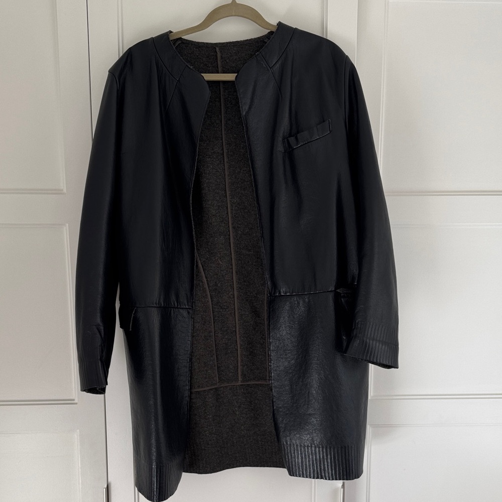 Black Leather Open Front Coat